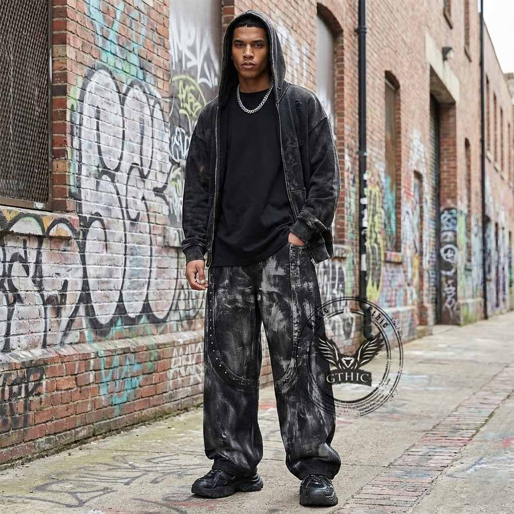 Hip-Hop Rivets Paint Splatters Design Wide-Leg Jeans
