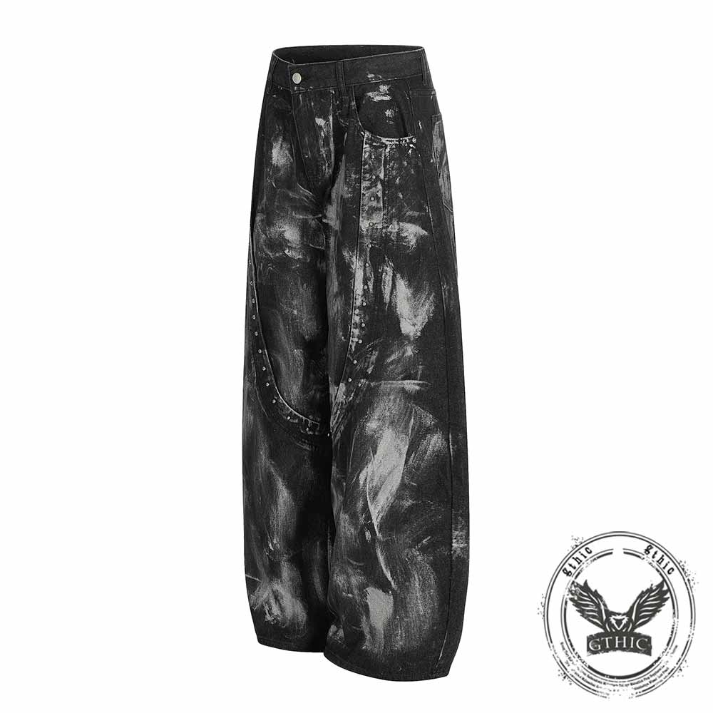 Hip-Hop Rivets Paint Splatters Design Wide-Leg Jeans