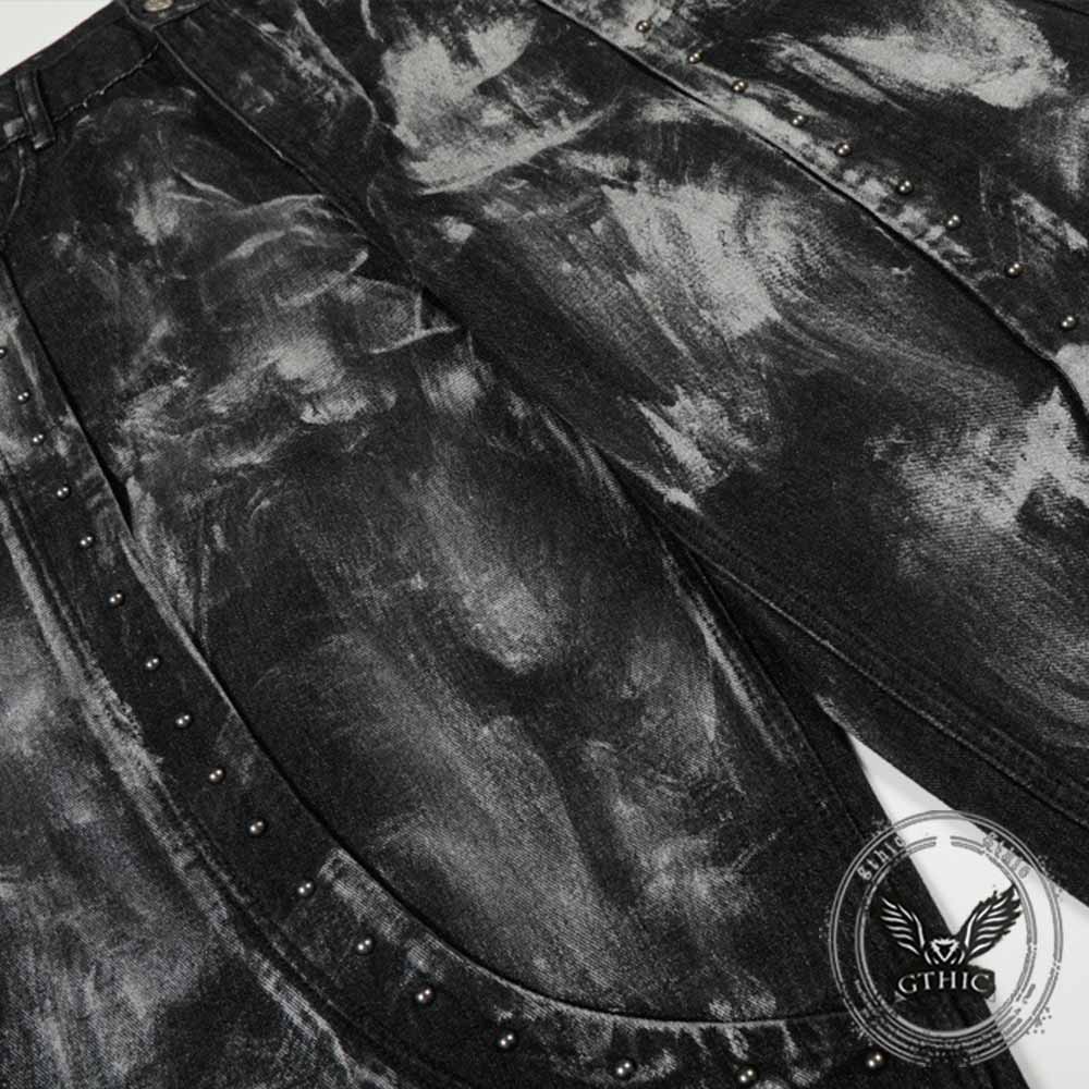 Hip-Hop Rivets Paint Splatters Design Wide-Leg Jeans