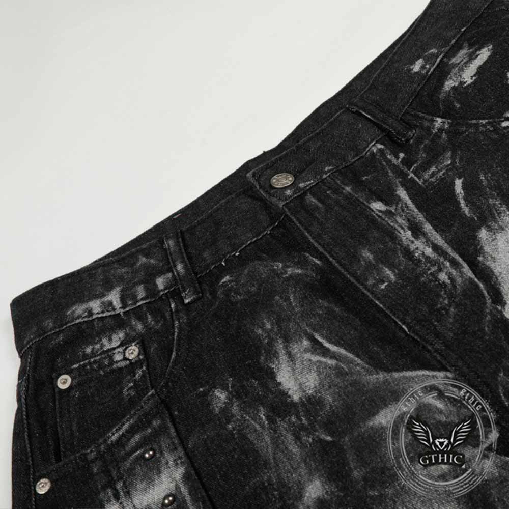 Hip-Hop Rivets Paint Splatters Design Wide-Leg Jeans