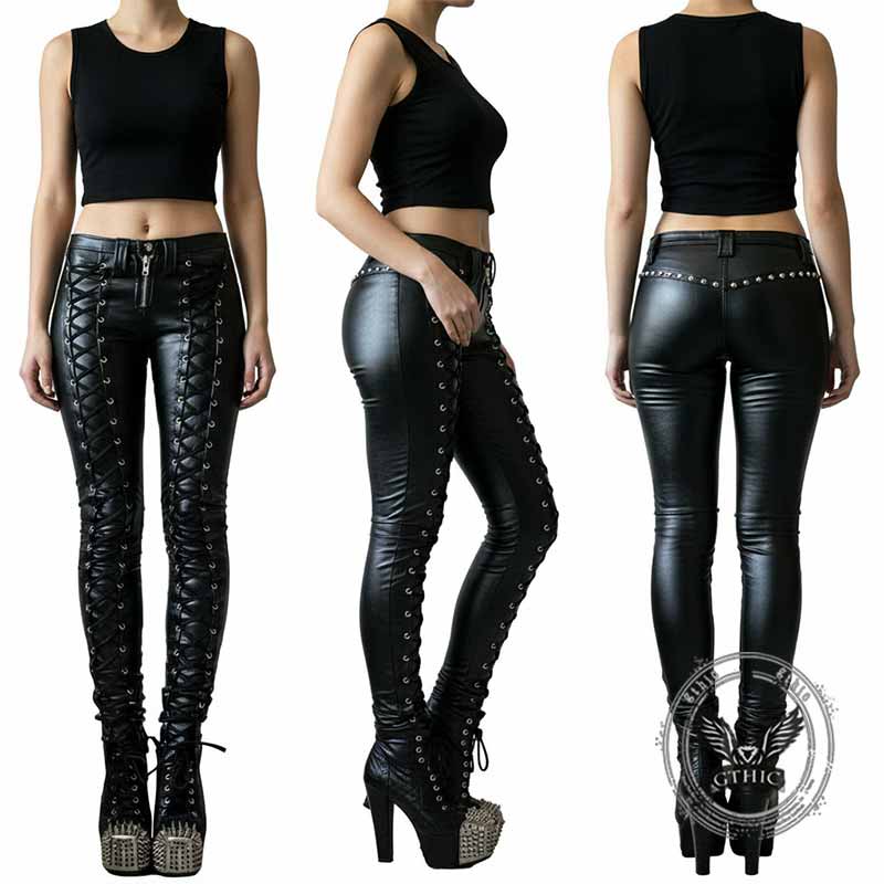 Punk Lace-up Studded Skinny PU Leather Pants