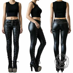 Punk Lace-up Studded Skinny PU Leather Pants