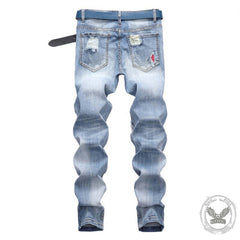 Light Ripped Stretch Motorcycle Straight Jeans