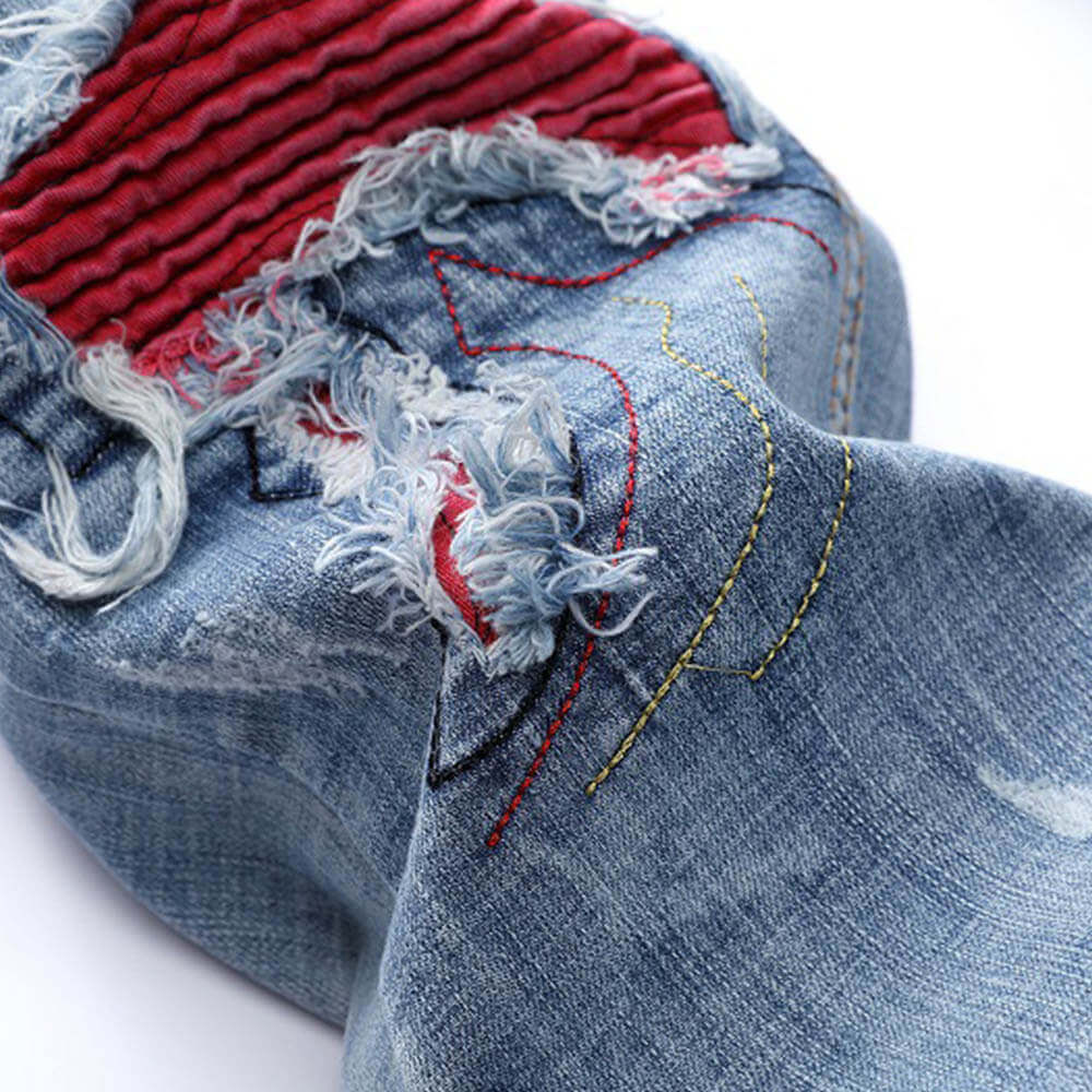 Light Ripped Stretch Motorcycle Straight Jeans