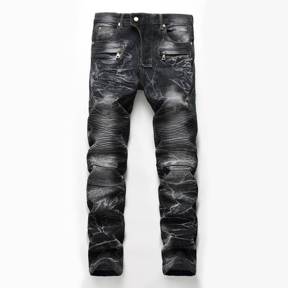 Nostalgia Pleated Elastic Motorcycle Straight Jeans