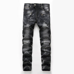 Nostalgia Pleated Elastic Motorcycle Straight Jeans