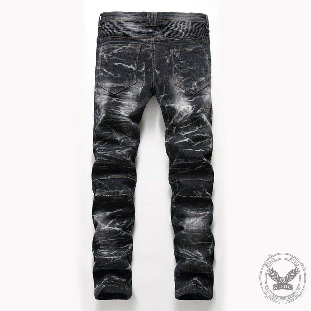 Nostalgia Pleated Elastic Motorcycle Straight Jeans