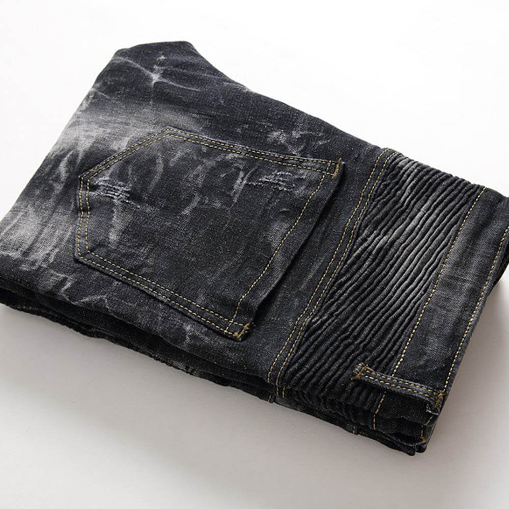 Nostalgia Pleated Elastic Motorcycle Straight Jeans