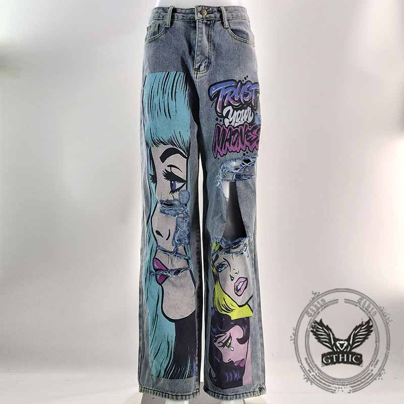 Personalized Y2K Colorful Hair Girl Print Ripped Jeans