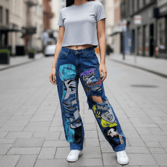 Personalized Y2K Colorful Hair Girl Print Ripped Jeans
