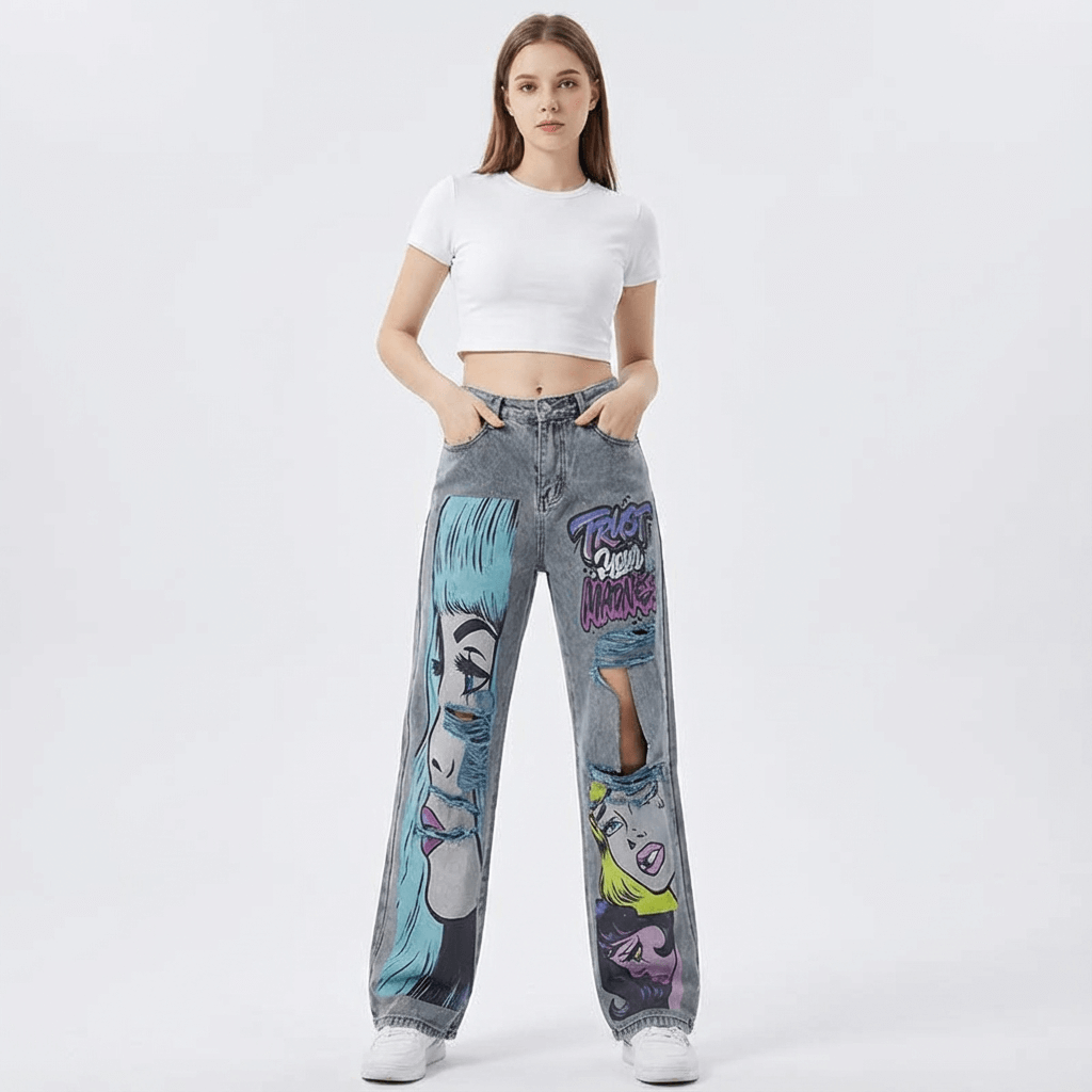 Personalized Y2K Colorful Hair Girl Print Ripped Jeans