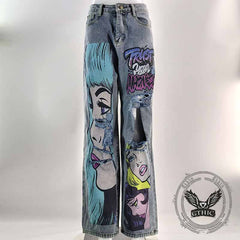 Personalized Y2K Colorful Hair Girl Print Ripped Jeans