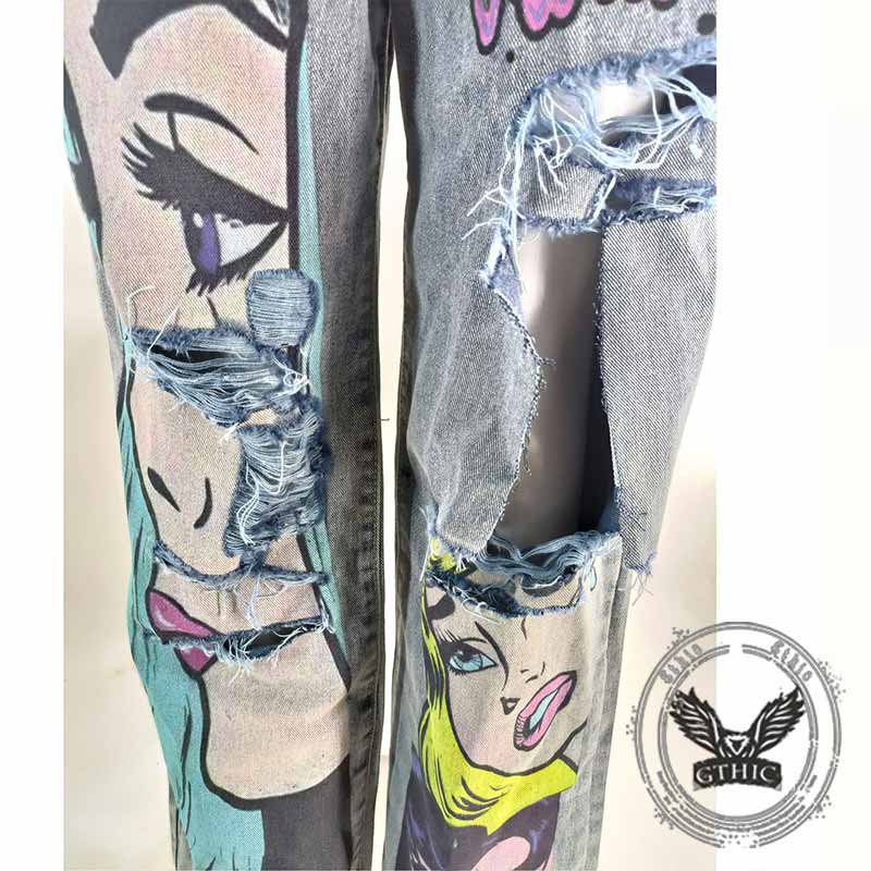 Personalized Y2K Colorful Hair Girl Print Ripped Jeans
