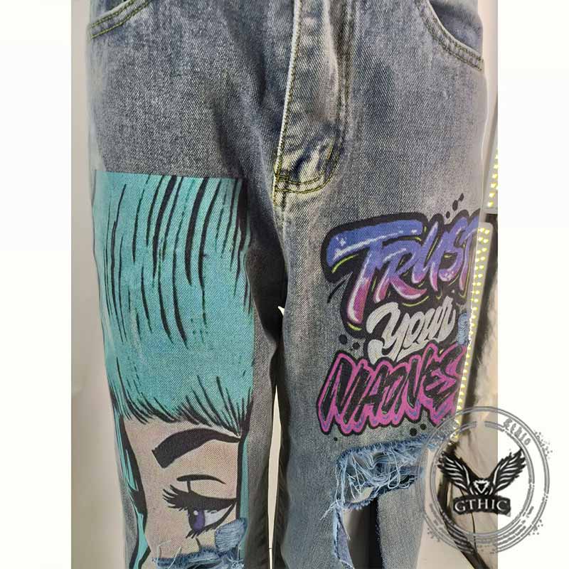Personalized Y2K Colorful Hair Girl Print Ripped Jeans