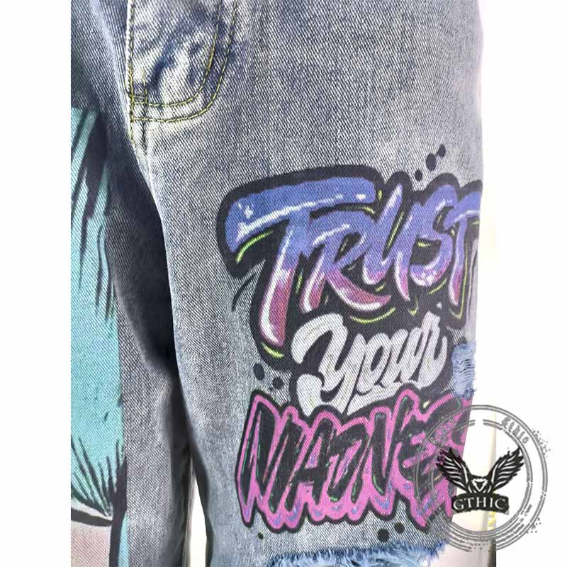 Personalized Y2K Colorful Hair Girl Print Ripped Jeans