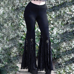 Punk Cross Decoration High-Rise Lace Hollow Flared Pants