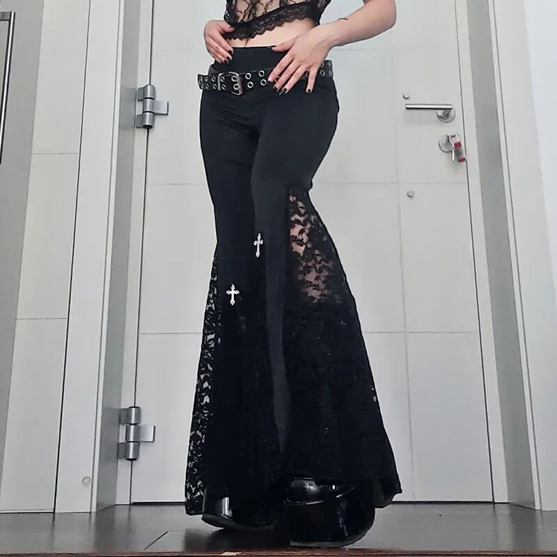 Punk Cross Decoration High-Rise Lace Hollow Flared Pants
