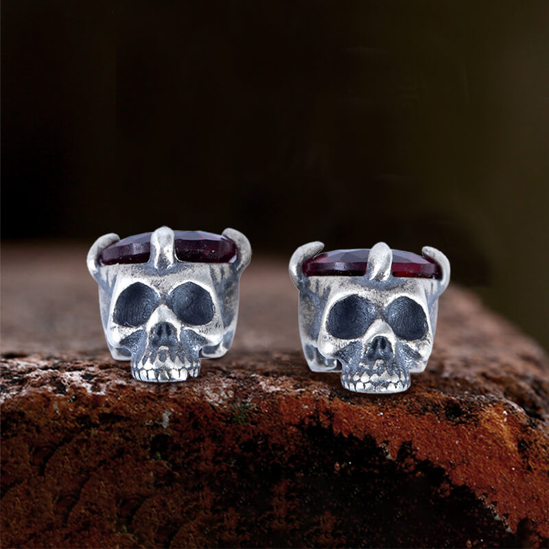 Punk Dark Skull Gemstone Sterling Silver Stud Earrings