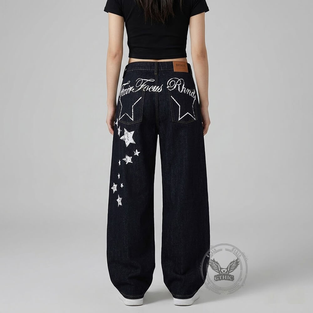 Punk Hip-Hop Star Print Loose-Fit Scimitar Jeans