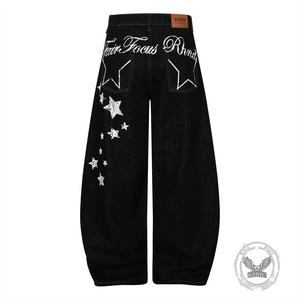 Punk Hip-Hop Star Print Loose-Fit Scimitar Jeans