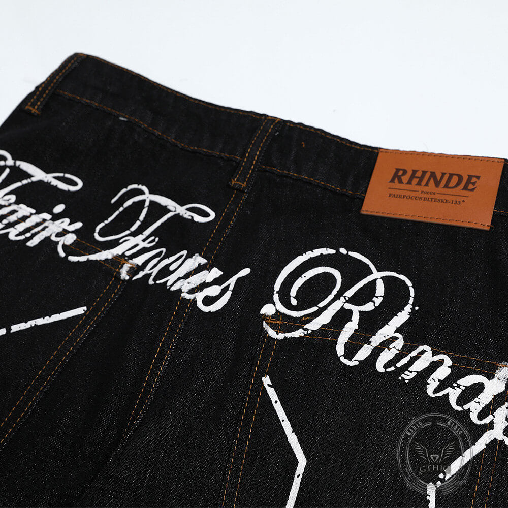 Punk Hip-Hop Star Print Loose-Fit Scimitar Jeans