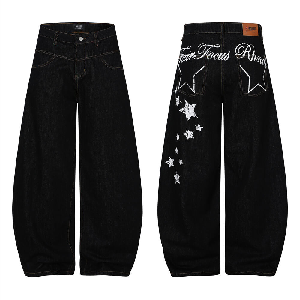 Punk Hip-Hop Star Print Loose-Fit Scimitar Jeans