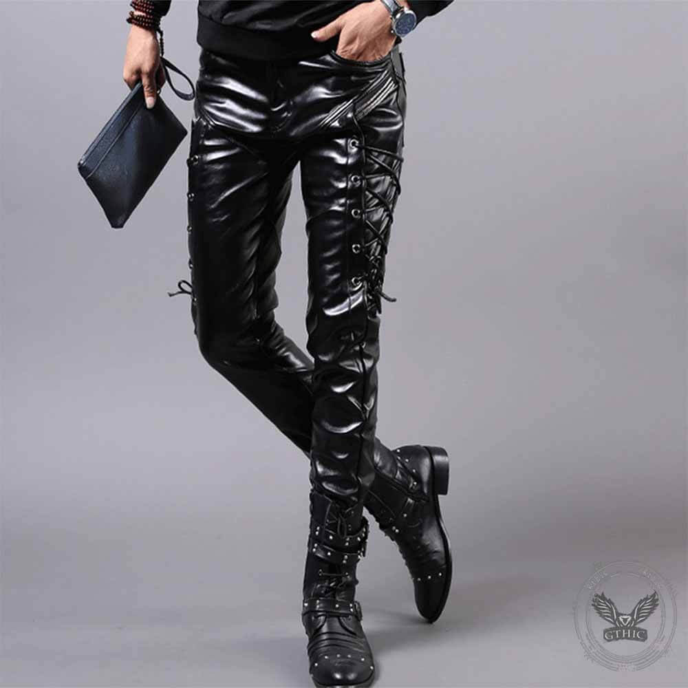 Punk Lace-Up Design Slim Fit PU Patchwork Pants