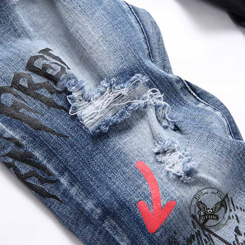 Punk Lettering Printed Distressed Slim-Fit Jeans