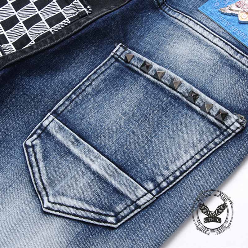 Punk Lettering Printed Distressed Slim-Fit Jeans