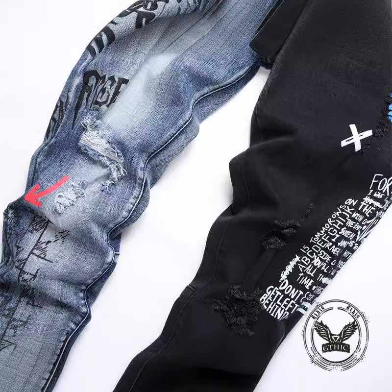 Punk Lettering Printed Distressed Slim-Fit Jeans