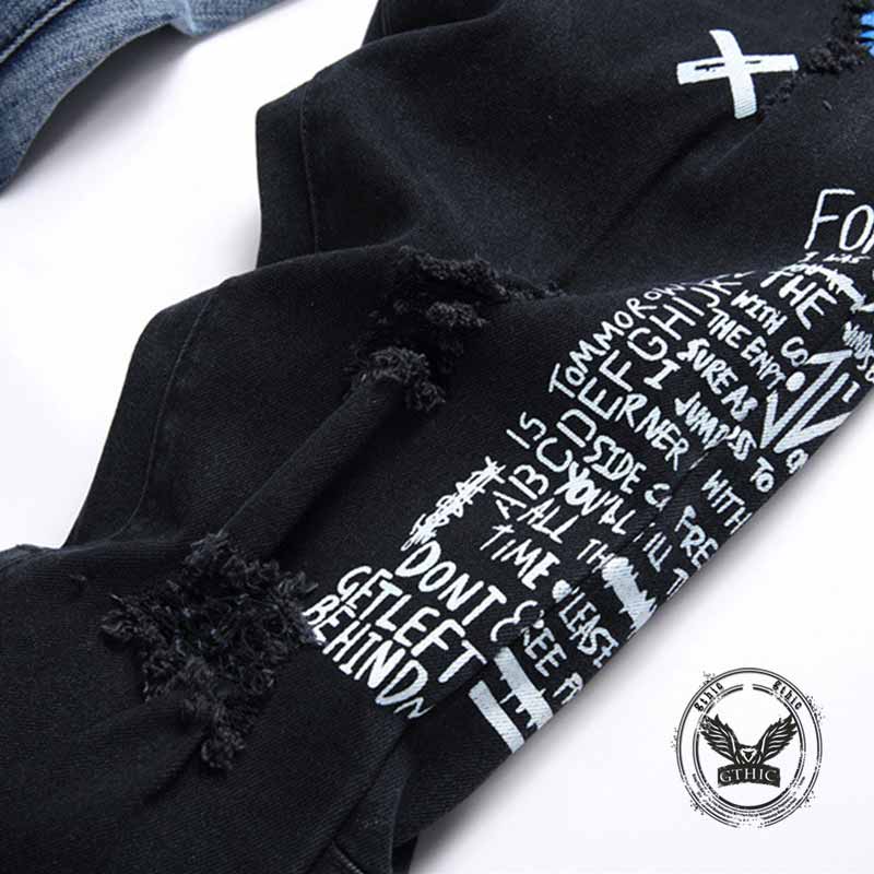 Punk Lettering Printed Distressed Slim-Fit Jeans