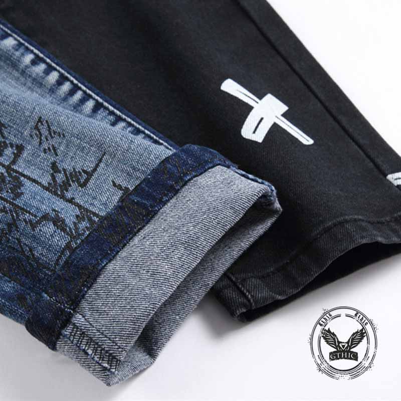 Punk Lettering Printed Distressed Slim-Fit Jeans
