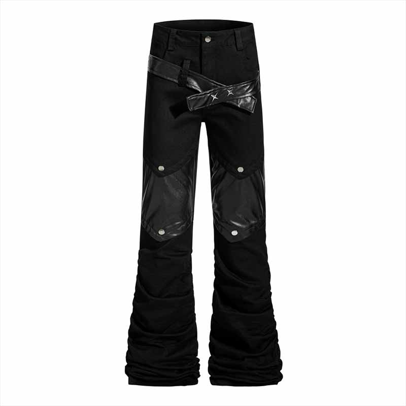 Punk Pleated PU Leather Patchwork Flared Pants