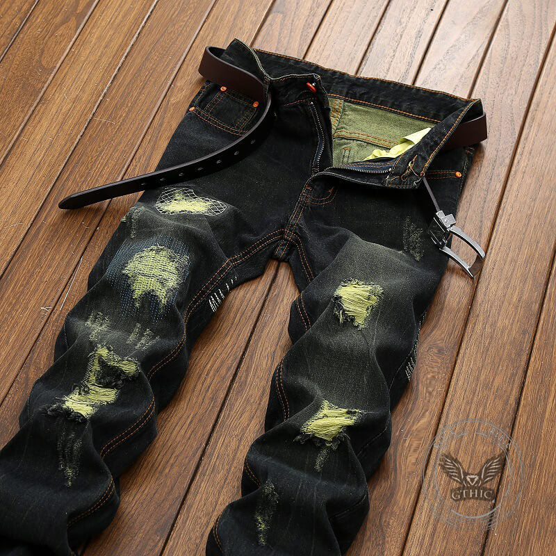 Punk Ripped Distressed Straight-Leg Vintage Jeans