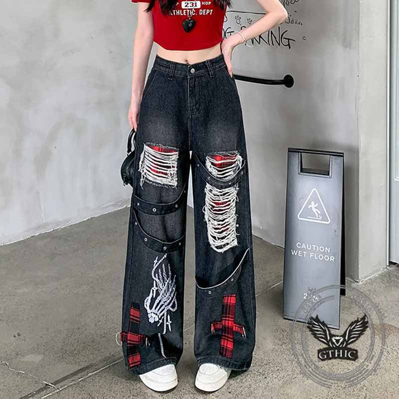Punk Ripped Skull Hand Print Cross Patch Baggy Jeans