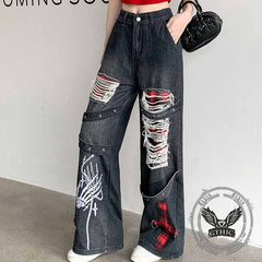 Punk Ripped Skull Hand Print Cross Patch Baggy Jeans
