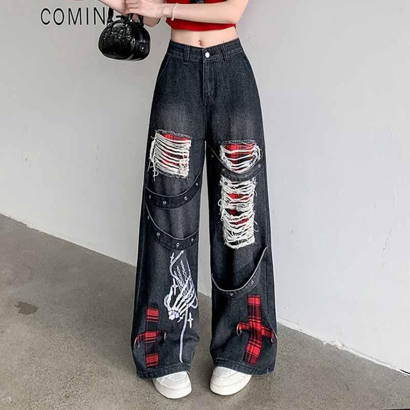 Punk Ripped Skull Hand Print Cross Patch Baggy Jeans