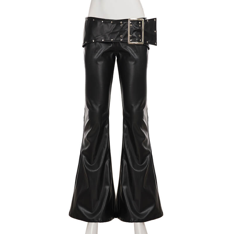 Punk Rivet Low-Waist PU Leather Bootcut Pants