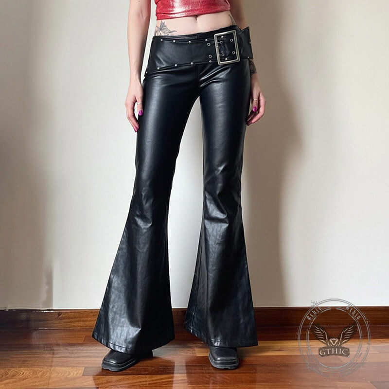 Punk Rivet Low-Waist PU Leather Bootcut Pants