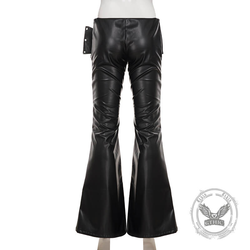 Punk Rivet Low-Waist PU Leather Bootcut Pants