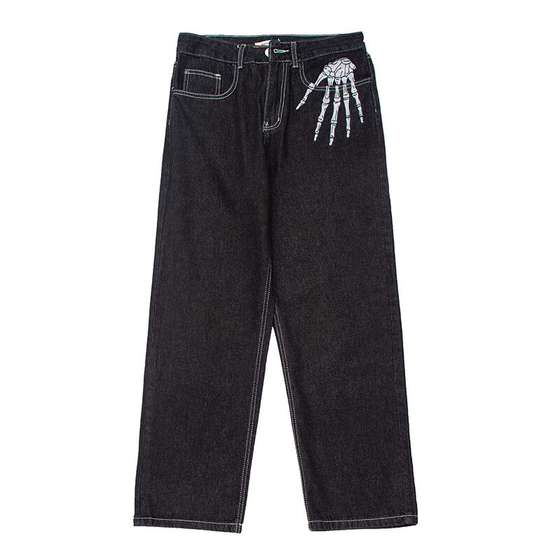 Punk Skull Hand Bones Cotton Straight Leg Pants