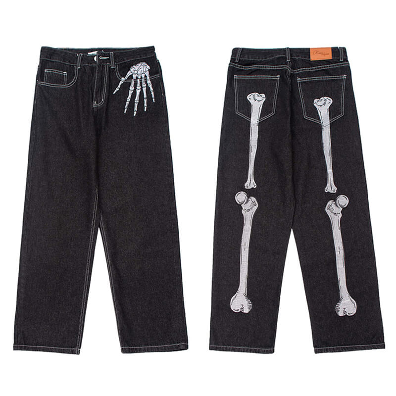 Punk Skull Hand Bones Cotton Straight Leg Pants
