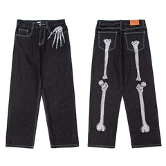 Punk Skull Hand Bones Cotton Straight Leg Pants