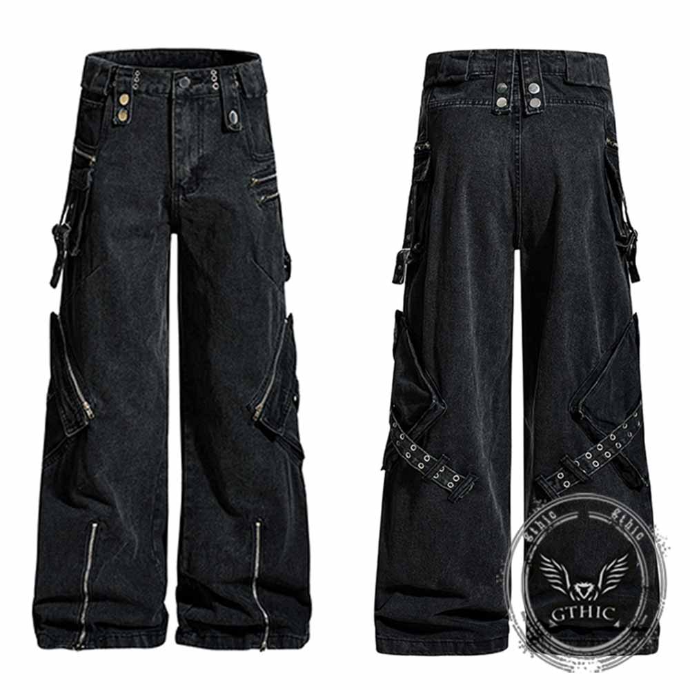 Punk Strappy Zipper Design Multi-Pocket Baggy Jeans