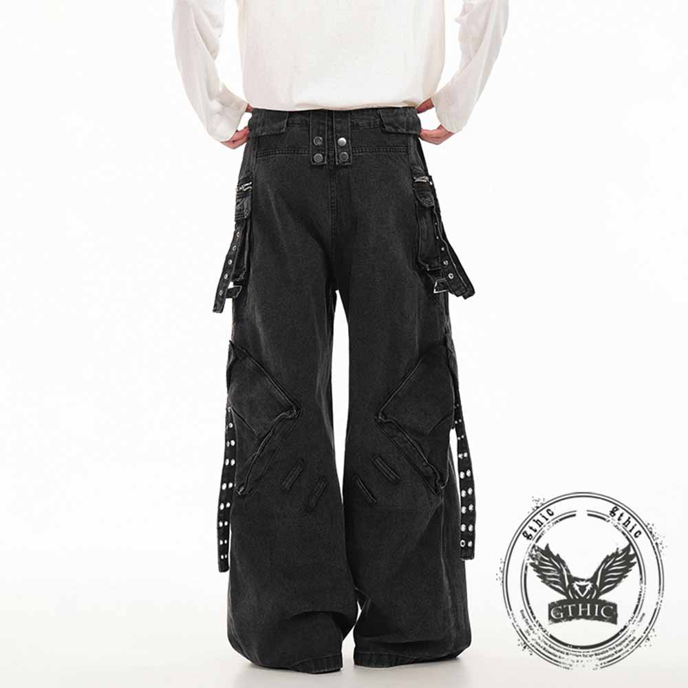 Punk Strappy Zipper Design Multi-Pocket Baggy Jeans