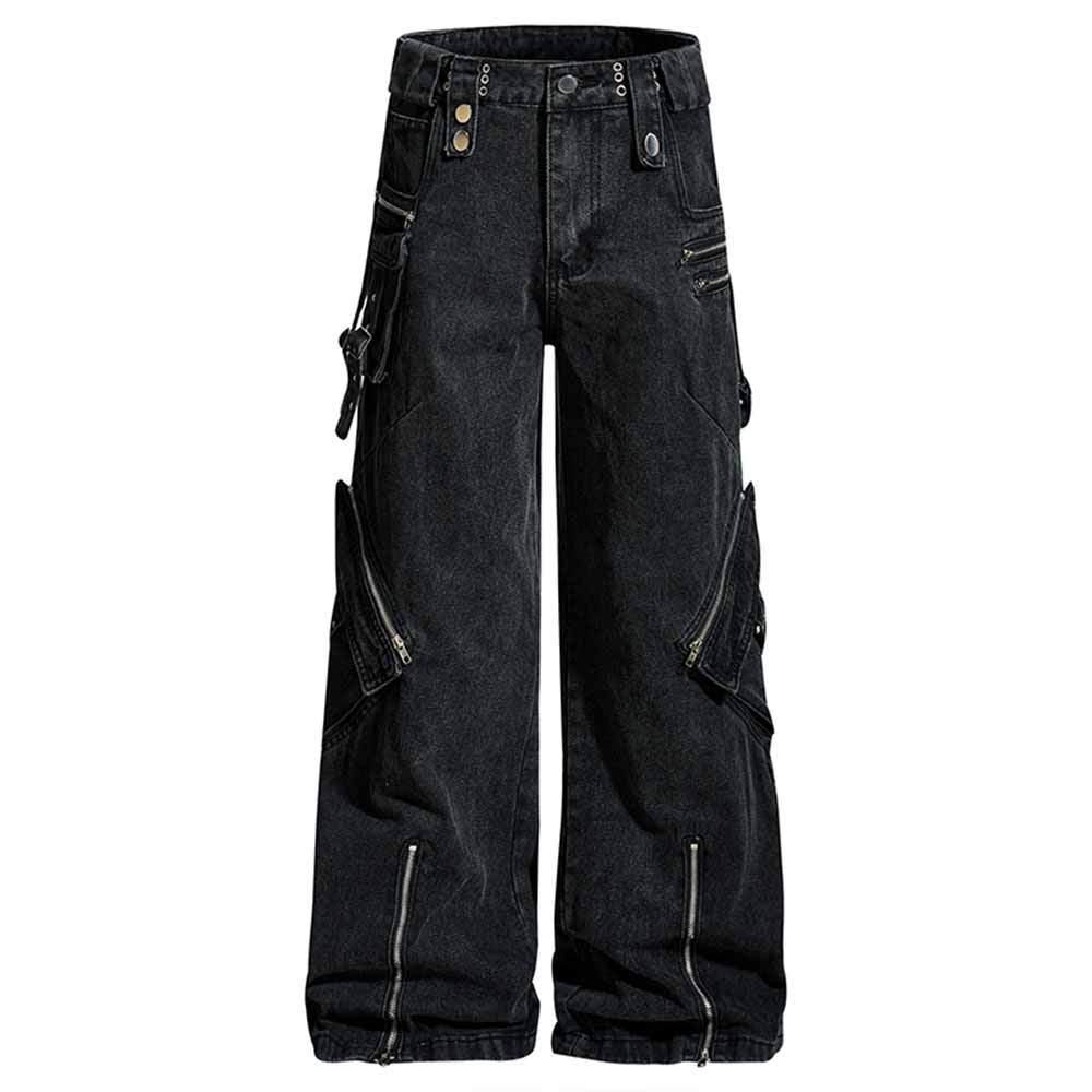 Punk Strappy Zipper Design Multi-Pocket Baggy Jeans