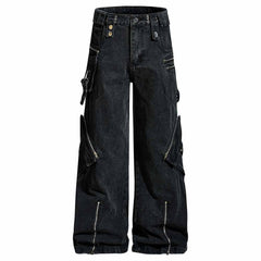 Punk Strappy Zipper Design Multi-Pocket Baggy Jeans