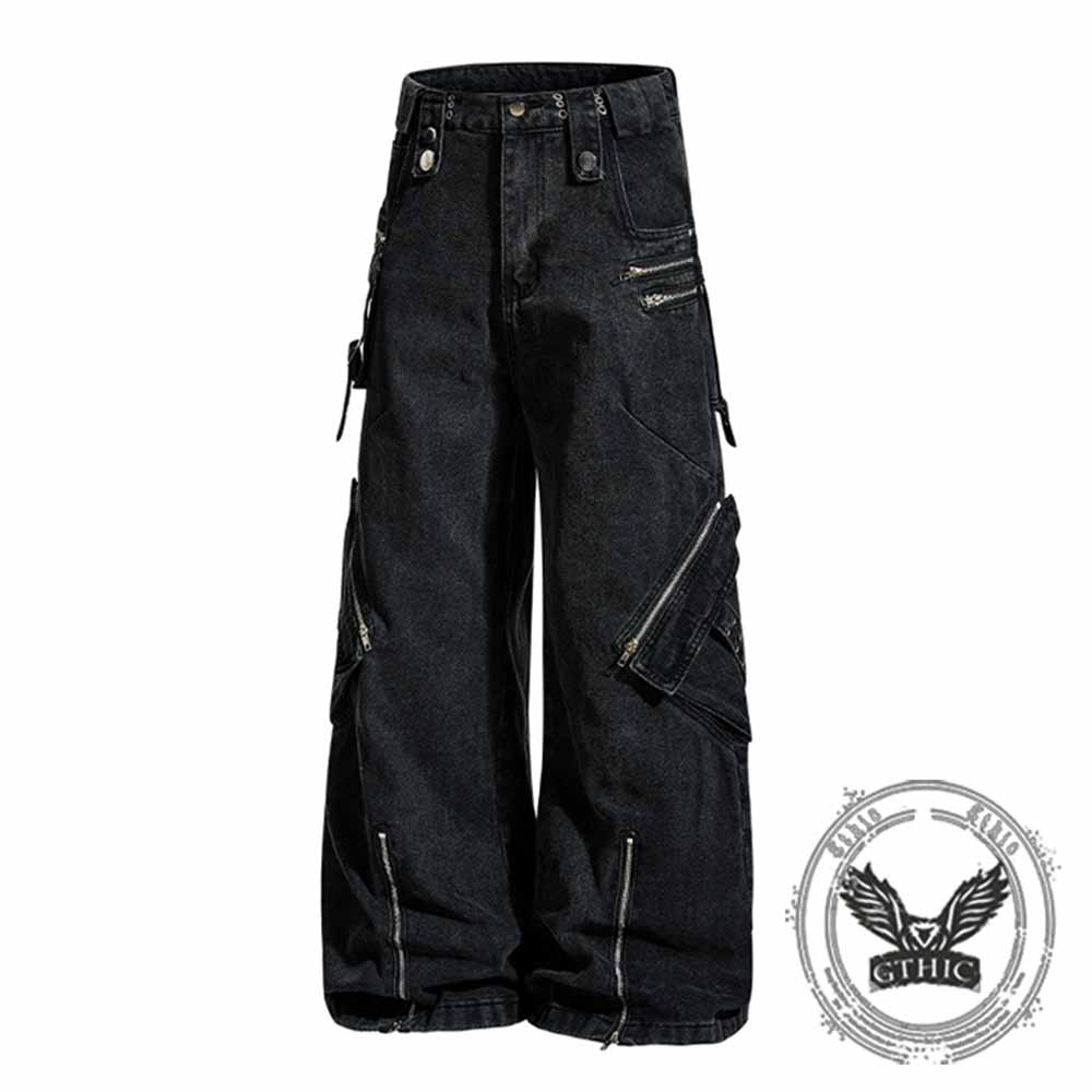 Punk Strappy Zipper Design Multi-Pocket Baggy Jeans