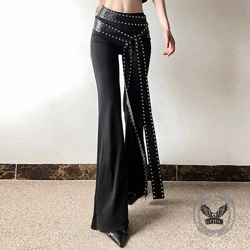 Punk Style Slim Fit Rivet Belt Flared Pants