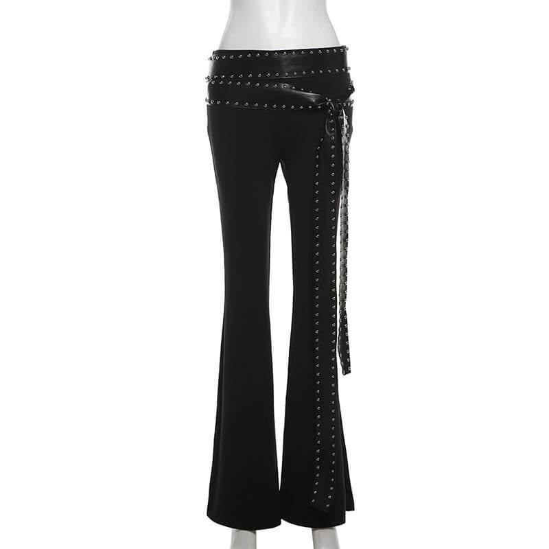Punk Style Slim Fit Rivet Belt Flared Pants